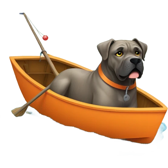 An orange-colored Cane Corso fishing in a small boat. emoji