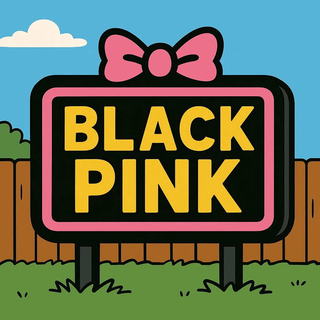 BLACKPINK-inspired object, black and pink colors, bold and cartoonish look, yellow toon style emoji