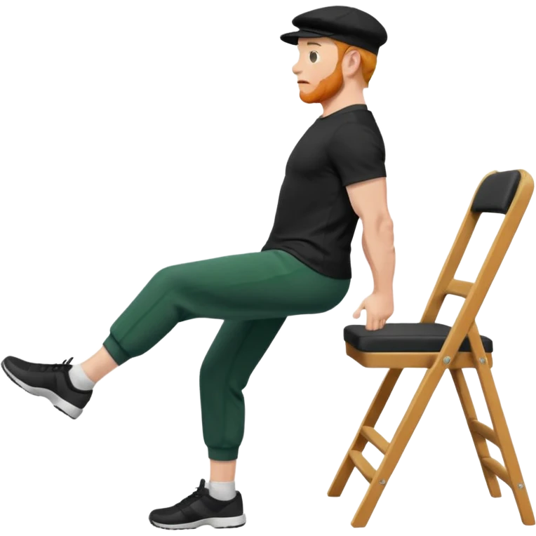 גבר זקן ג'ינג'י מלא כובע שחור הפוך חולמה שחורה ומכנסיים ירוקות ארוכות מבצע תרגיל לאנג' בתמיכת כיסא מהצד שתי רגליים על הרצפה מח^זיק כיסא בידו  תמיכה קלה ידו על משענת הכיסא emoji