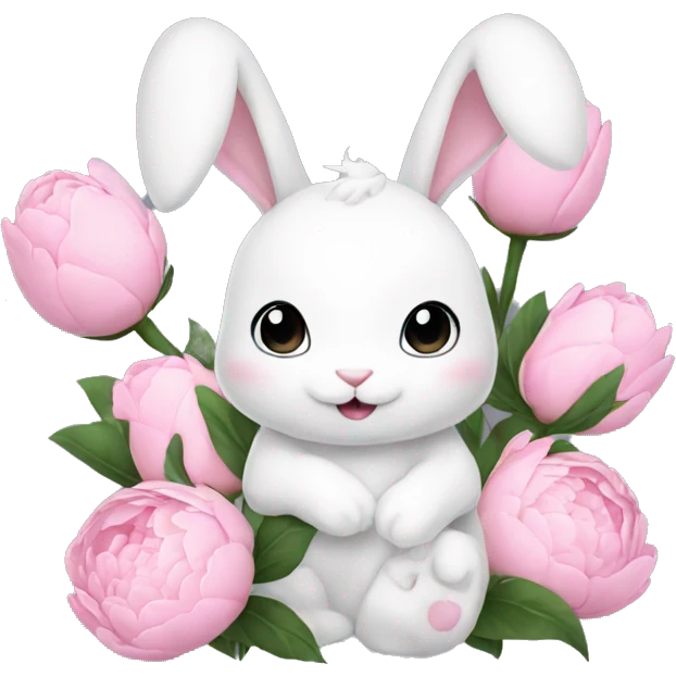 cute white bunny holding light pink peonies emoji