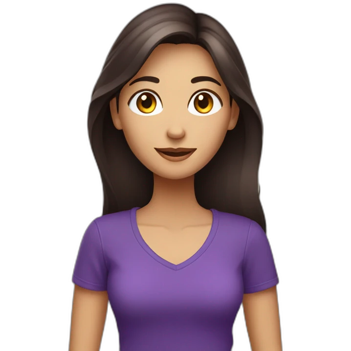 young women,dark long brown hair,saying hello, using purple tshirt whith letters "4tech emoji
