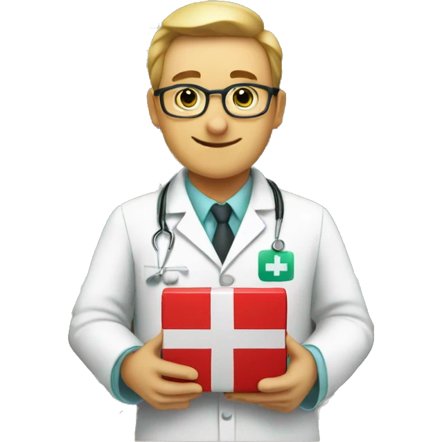 Pharmacist with a box of medics and green unifor emoji