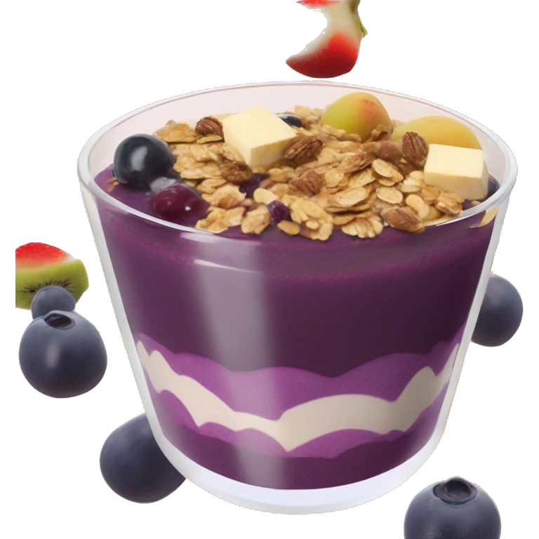 Açaí in a clear cup with layers of fruits and granola and condensed milk emoji