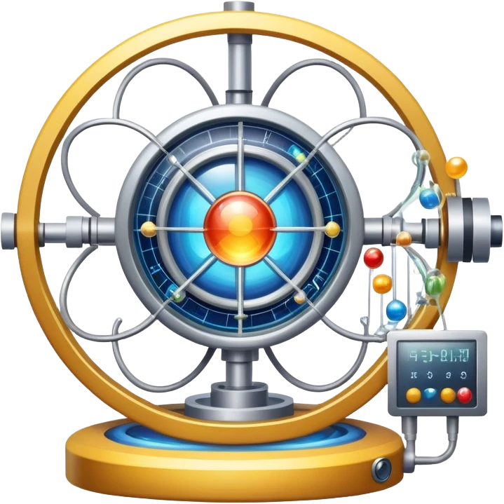 An icon featuring a large particle collider, atom symbols, and energy waves, symbolizing the field of physics. The design includes a lab setup with scientific equipment, representing experiments and fundamental forces of nature. Transparent background highlights the exploration of matter and energy. emoji