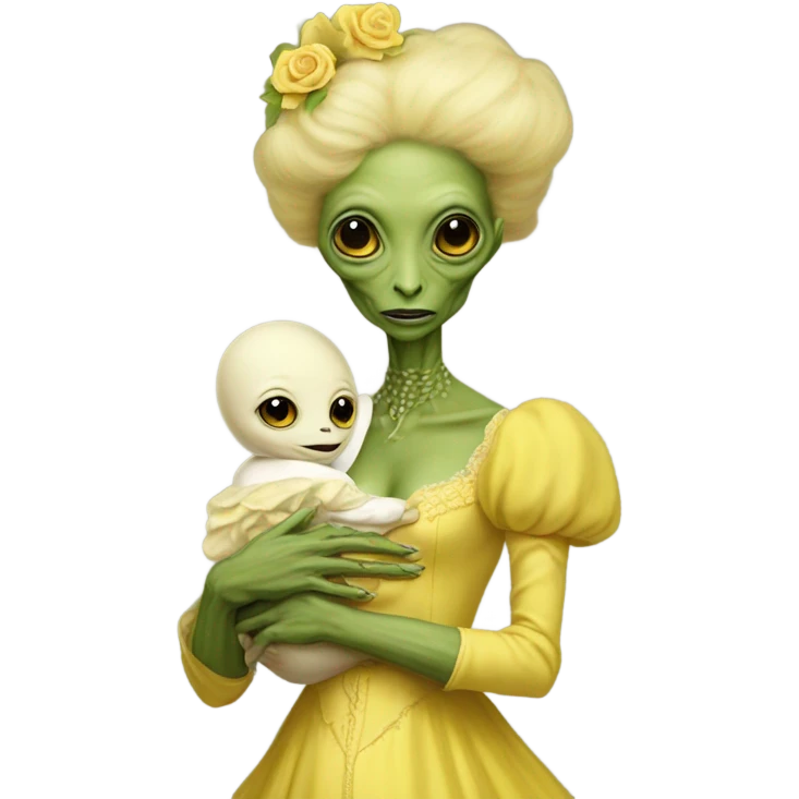  Reptilian alien woman , full body, in victorian jellow elegant dress , holds a newborn white humman baby emoji