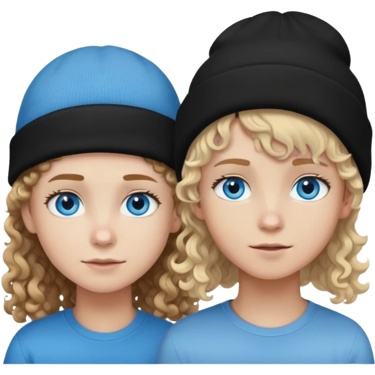 Pale, blue eyed boy, with curly long brown hair and a black beanie on and a short haired blonde girl with blue ands emoji