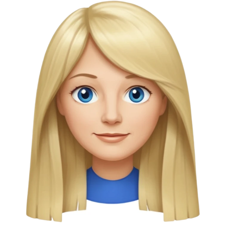 45 yr old white woman, curtain bangs, very long straight blond hair, oval face, small smile, blue eyes, thin face, hair down to elbows emoji