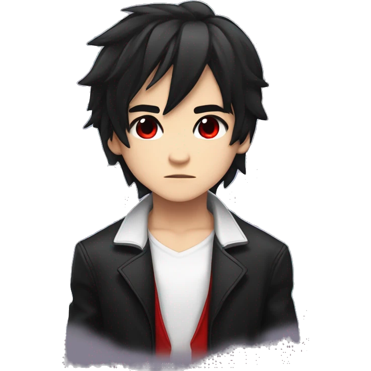 masterpiece, anime style, chibi, illustrated logo, medium short shot, twitch emote of a boy with red eyes, black hair, white locks, shoulder length hair, black jacket. emoji