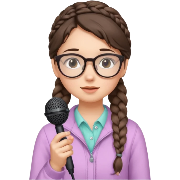 A shy braid brunette singer girl in pastel clothes with glasses, holding the mic with both hands. emoji