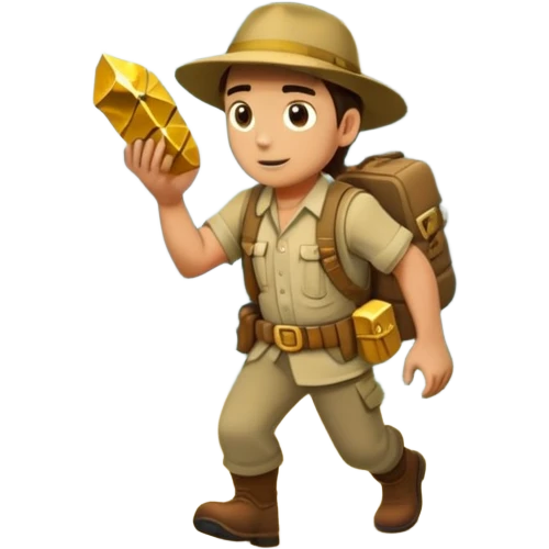 an adventure game, inspired by Uncharted 4. The design features a rugged explorer navigating through ancient ruins, with treasure and obstacles in the background. A dynamic environment with jungle, cliffs, and puzzles highlights the thrill of discovery and action. Transparent background. emoji