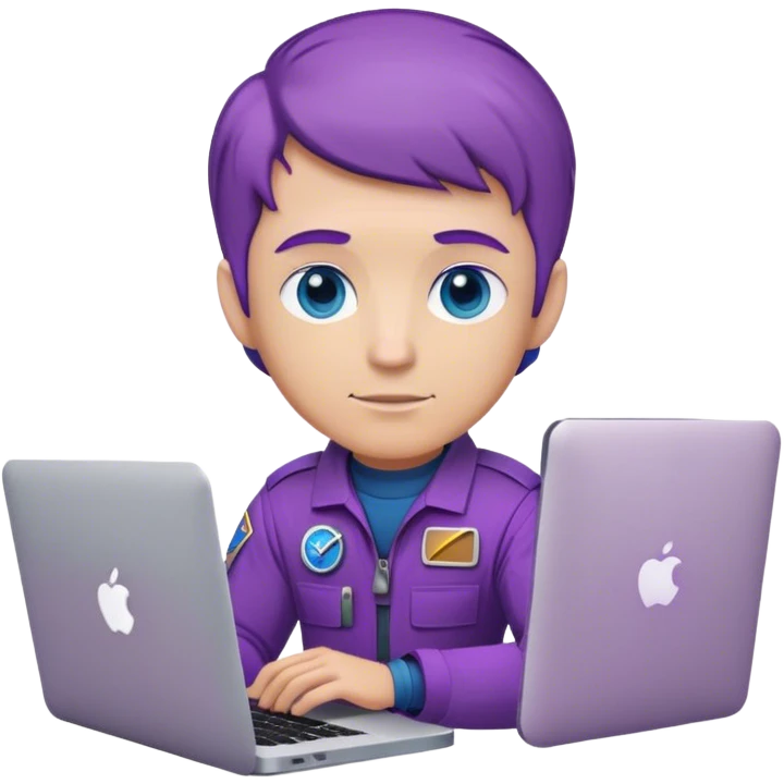 white guy astronaut with purple suit, blue eyes, short purple hair and one macbook emoji