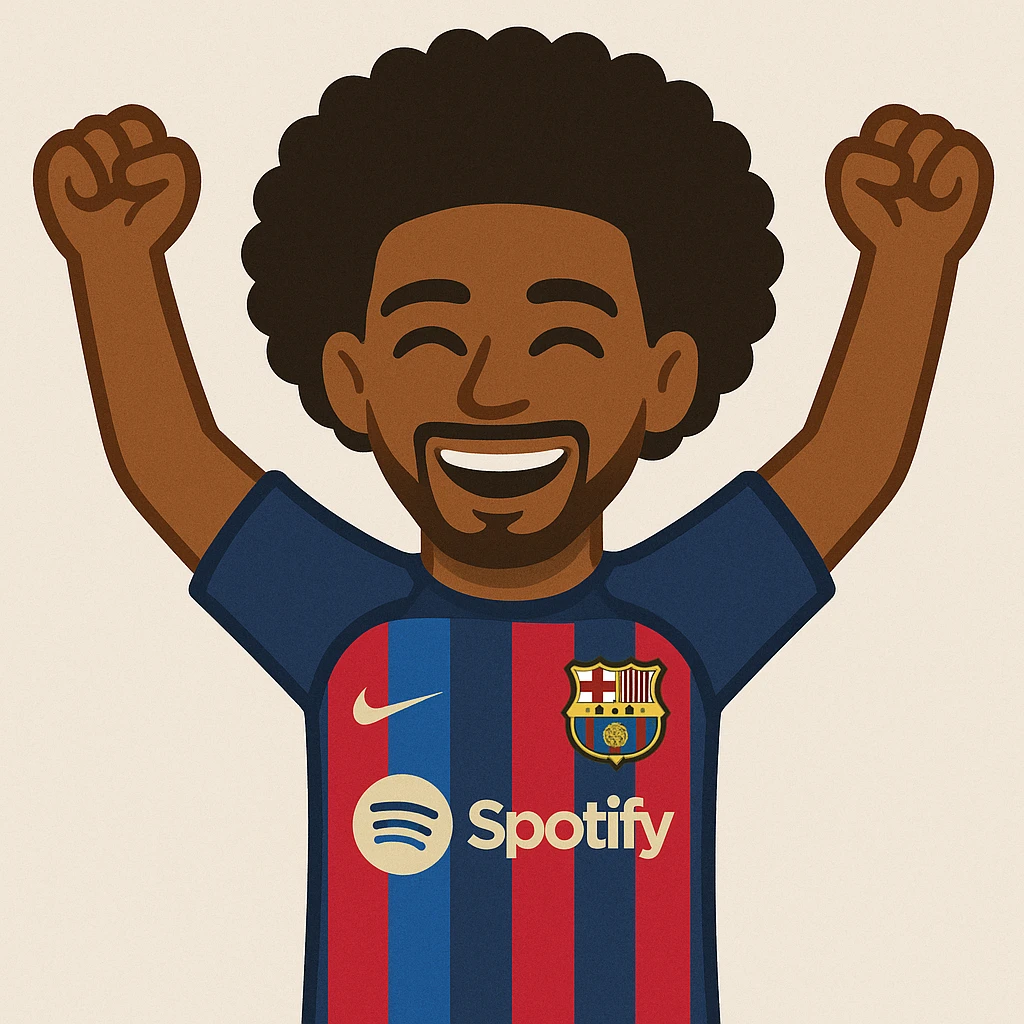 Add afro hair to Raphinha, Barcelona football player, celebrating a goal, arms raised, wearing Barcelona kit. The style should resemble emoji style. emoji