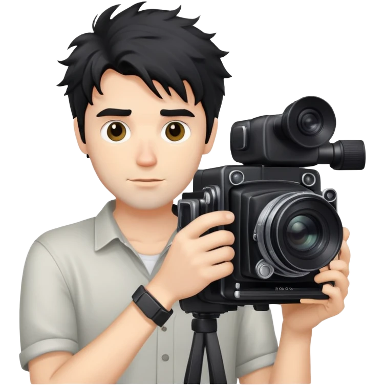 a white man with black messy hair holding a foto camera emoji
