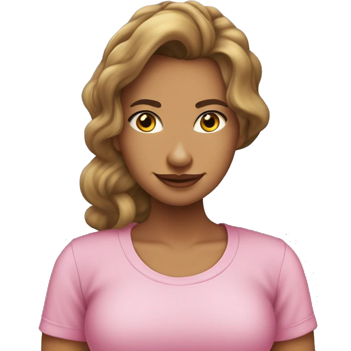 mujer delgada, pelo castaño claro hasta los hombros, pelo liso, cara alargada, piel trigueña. Camiseta rosa clara de cuello redondo emoji