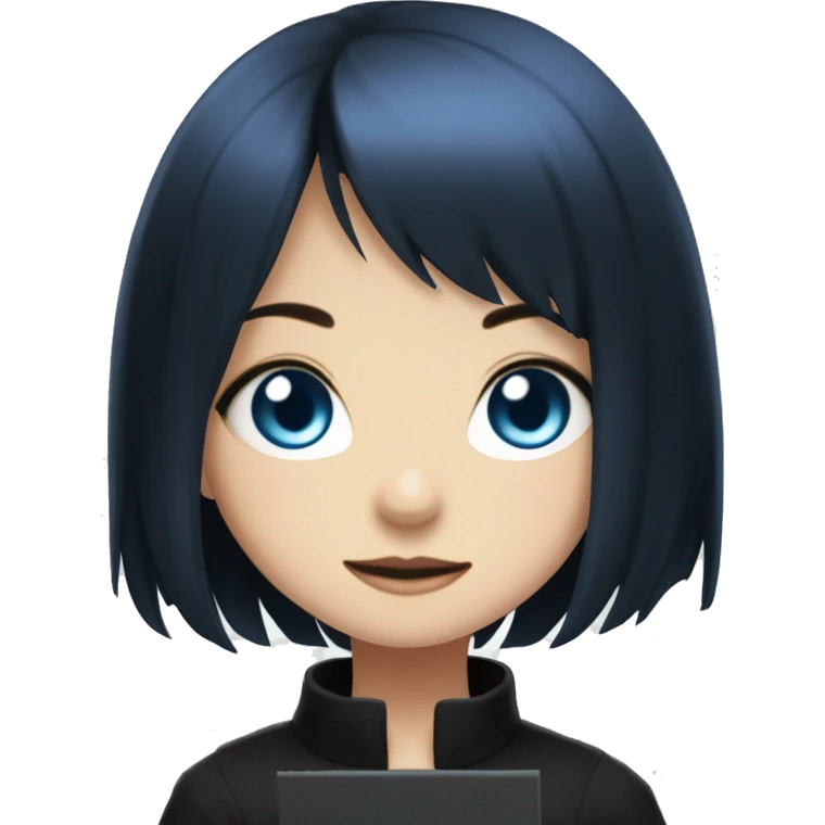 A girl with black bob-cut hair and blue eyes. She is holding a manga titled 'Jujutsu Kaisen'. emoji