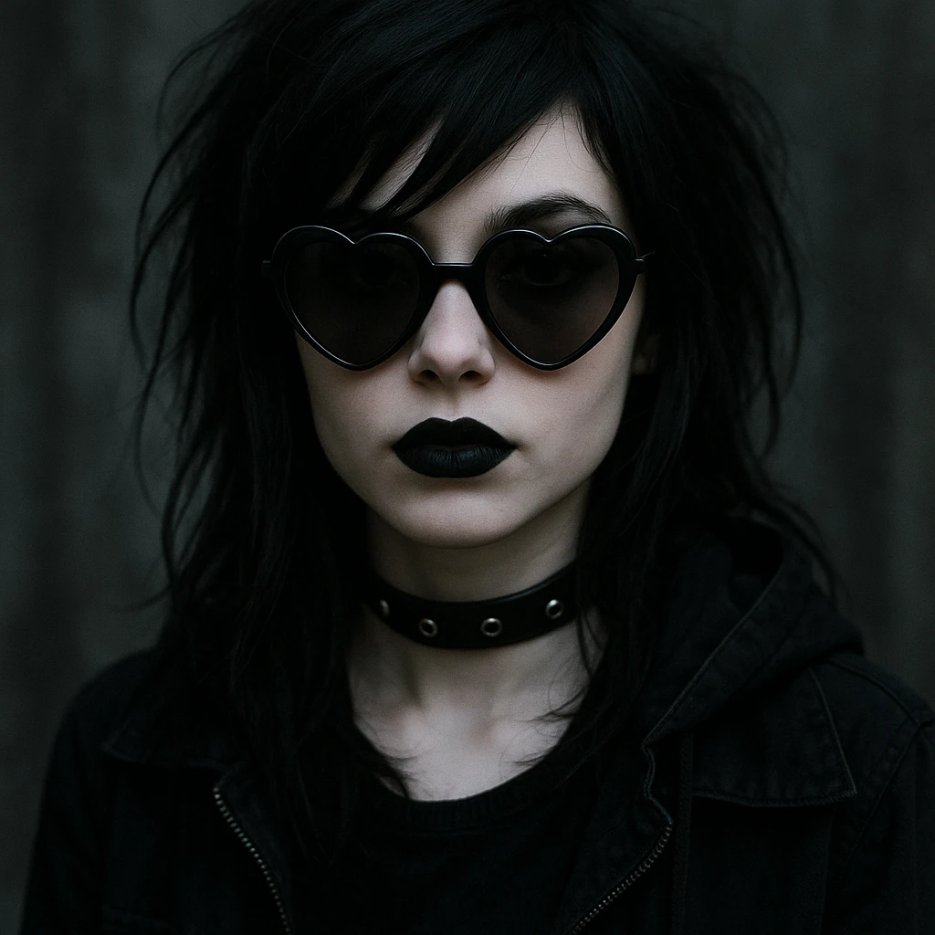emo girl with heart-shaped sunglasses, dark hair, mysterious vibe emoji