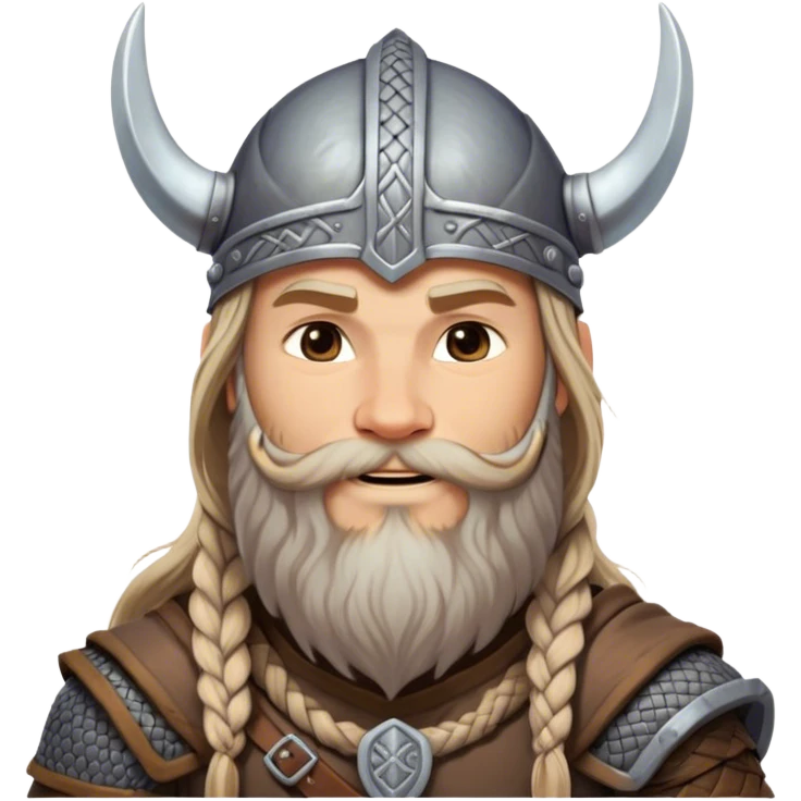 Clash of Clans aesthetic: Beautiful and Majestic Viking Portrait Emoji, Rendered in serene confidence with a gentle, enigmatic smile and a refined, weathered Viking helmet, showcasing a noble, sturdy build with long braided hair and a dignified beard, his face in natural skin tone, Simplified yet exquisitely endearing features, highly detailed, glowing with a soft, majestic Nordic light, high shine, calm and heroic, stylized with an air of timeless Norse elegance, soft glowing outline, capturing the essence of a majestic Viking whose noble spirit inspires epic quests! emoji