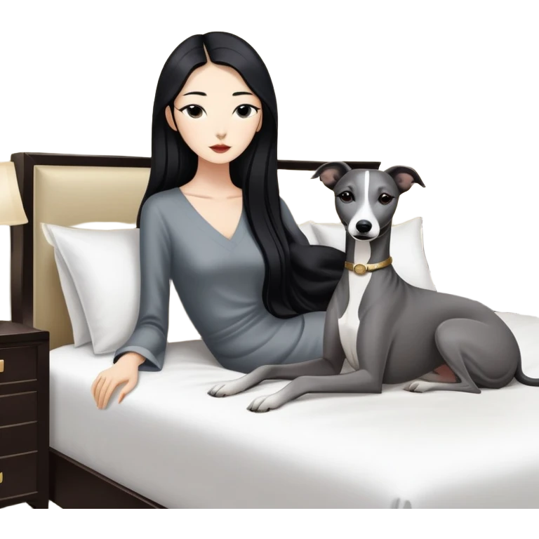 Very thin Chinese woman with long black hair relaxing in a luxurious hotel suite with exactly ONE whippet dog. EXTREME IMPORTANCE: the whippet must be ONE SOLID VERY DARK CHARCOAL GREY COLOR from nose to tail with ABSOLUTELY NO WHITE MARKINGS anywhere - NO white on face, NO white on muzzle, NO white on chest, NO white on paws, NO white on tail - NOTHING BUT A SINGLE SHADE OF VERY DARK GREY throughout the entire animal emoji