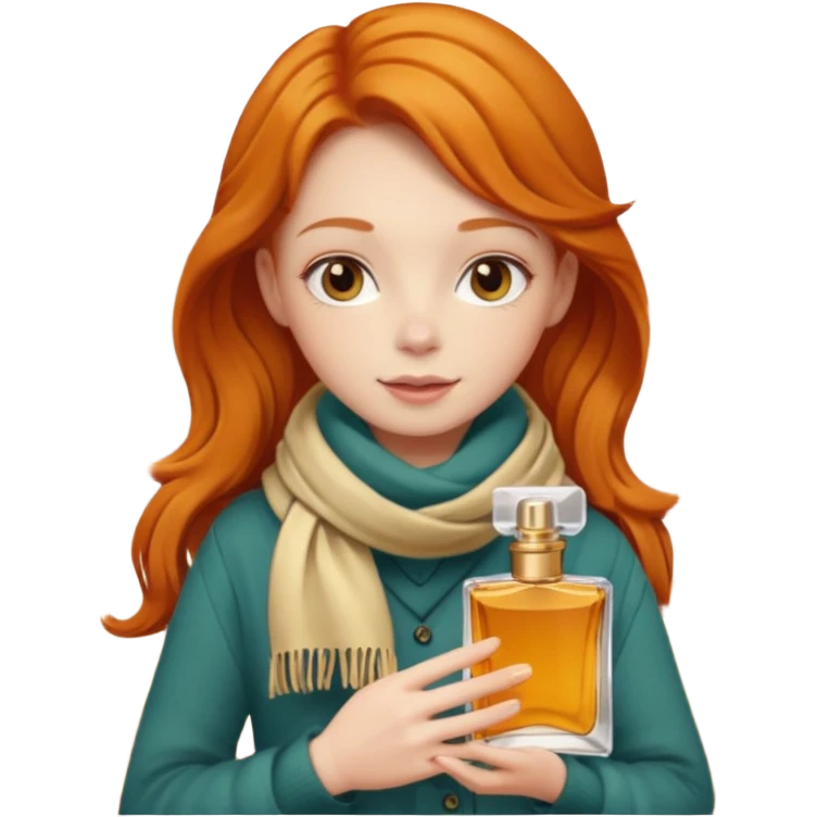 Ginger girl , cute, perfume in her hand, in autumn  emoji