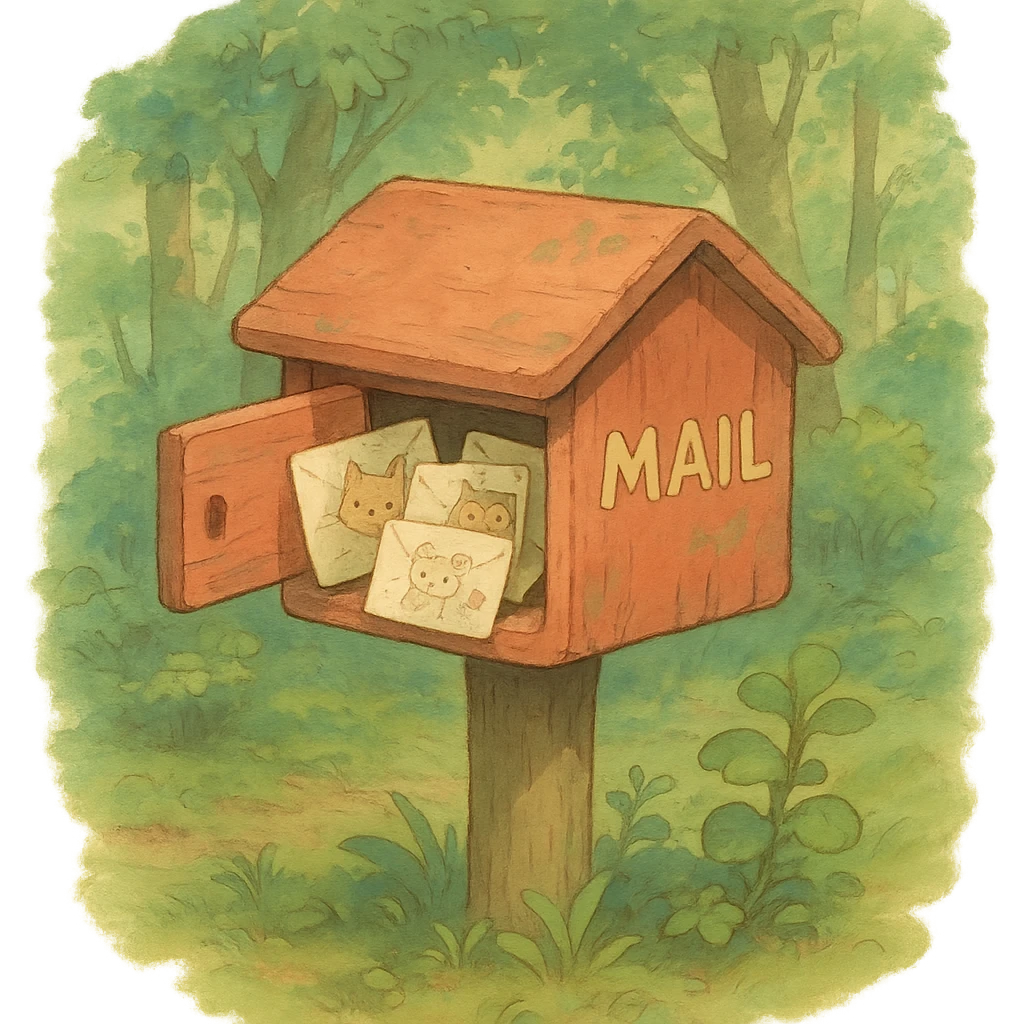 forest mailbox with tiny animal letters, cozy woodland theme, soft pastel colors, ghibli style emoji