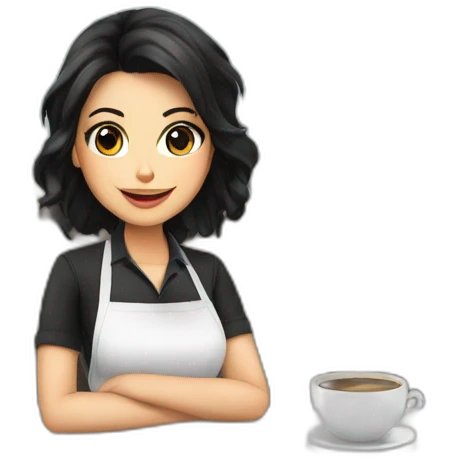 Smocking Female barista black hair wear uniform and stand near coffee shop with cup of coffee emoji