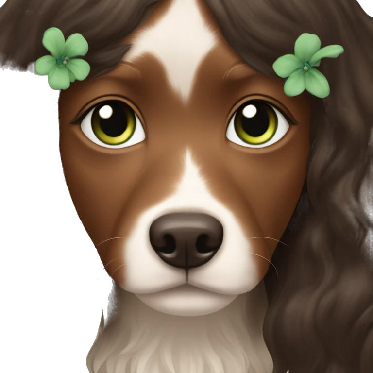 pale skin girl with green eyes with long dark brown hair that has a flower in her hair  holding a black and brown cavalier dog the dog also has a flower in its hair emoji