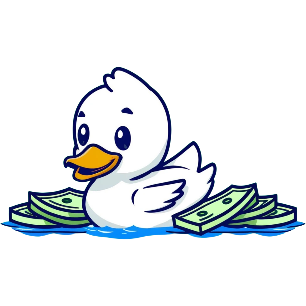 Cartoon duck doing backstroke in a sea of money emoji