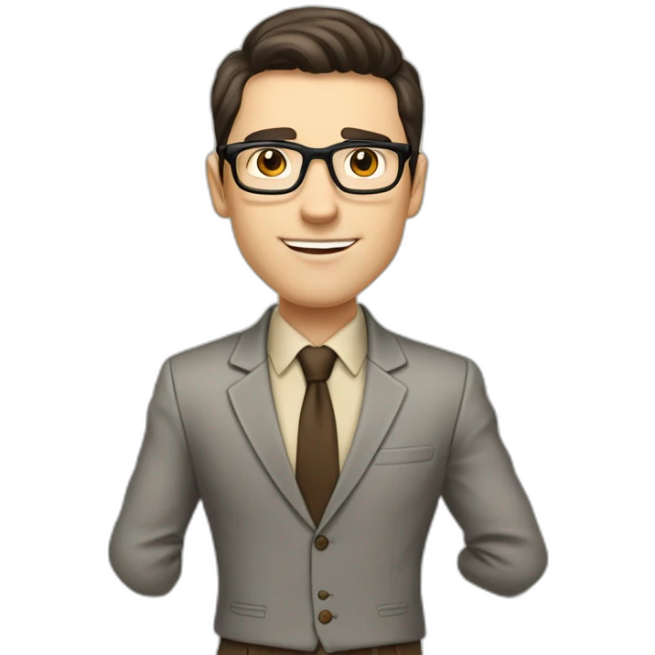 Pale skinned fit man with dark brown hair in gray jacket, beige office shirt, brown tie, brown pants and vintage glasses Writing on a marker board emoji