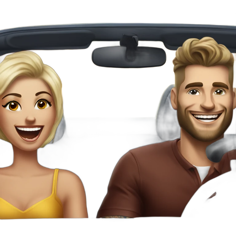 Hyper Realistic gorgeous woman and a handsome tattooed man laughing while driving in a fancy car emoji