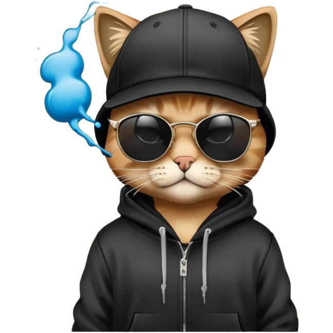 cat wearing a black snapback cap, black hoodie, and black sunglasses low on his nose that he is peering over, doing graffiti art with spray paint, street art style emoji