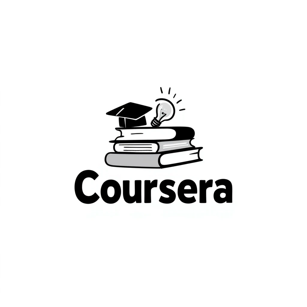 Hand-drawn Coursera logo with learning symbols emoji