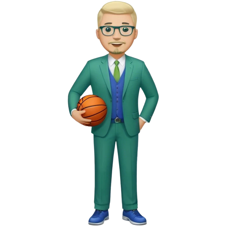 Full Body white male plus size wearing glasses with a goatee with light blonde and gray very short hair happy basketball head Coach in blue and green suit emoji