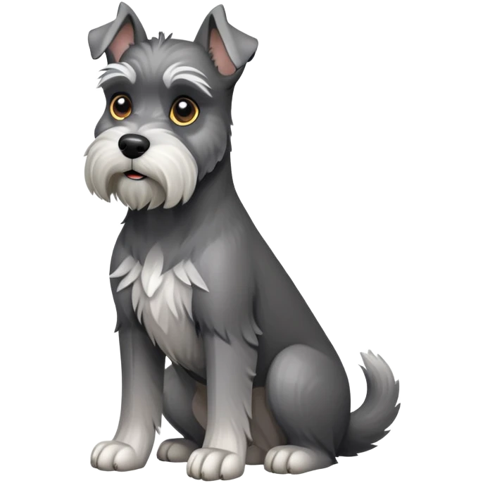 cinematic-[schnauzer]-realistic-full-body-sitting-emoji,-tail-resting-loosely-beside-its-paws,white eyes-head-tilted-dramatically, -sleek-[grey]-fur,-simplified-yet-realistic-focused-features,-highly-detailed,-glowing-with-an-almost-sarcastic-glow emoji