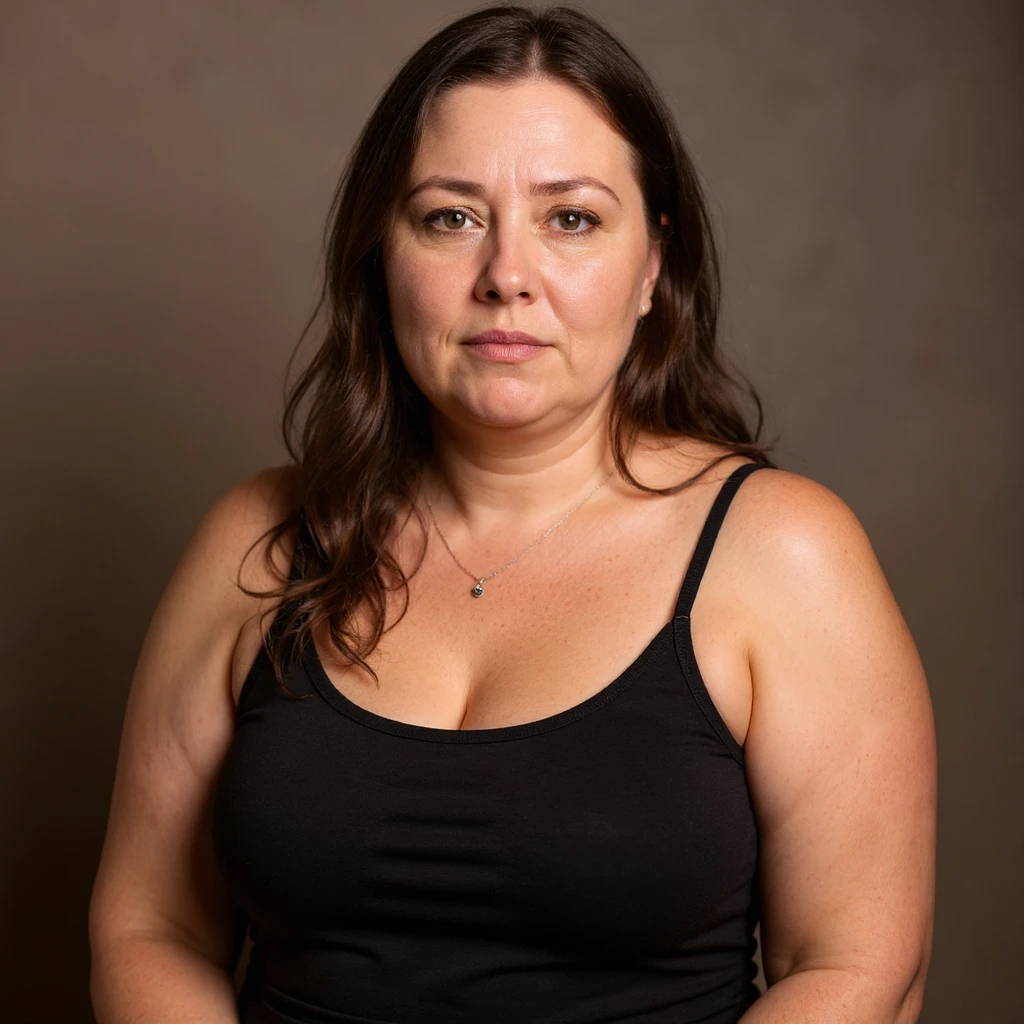 Hyperrealistic vertical portrait inspired by the reference photo: a woman with significant cellulite, visible face showing a desperate and tired expression, identical pose to the photo, extremely detailed skin with realistic texture, natural shadows, neutral background, vertical composition. emoji