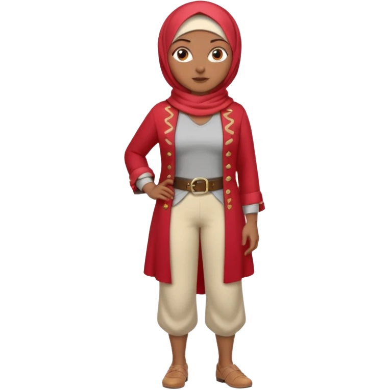 Heavy-set woman with medium-brown skin wearing a light red hijab, cream top, light red pants, tan shoes, and a visible gray pirate peg leg. Standing confidently with one hand on her hip emoji