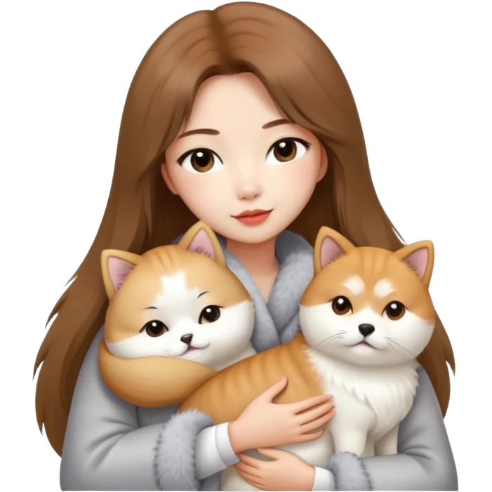 A Chinese fashion pretty girl with brown hair, wearing a light gray fur coat, hugging a Shiba Inu and a long-haired white Persian cat. emoji