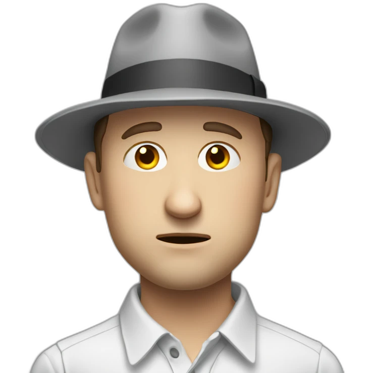tim robinson wearing a grey fedora white shirt only looking scared and sad side view emoji