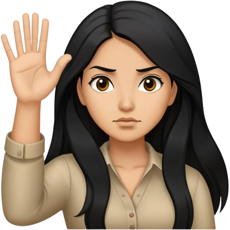 Hispanic woman with long hair, determined, one hand out motioning to stop emoji