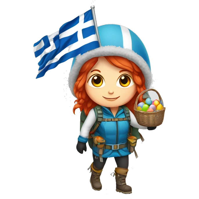 Female winter mountaineer red hair white skin climbing with Greek Flag and Easter eggs basket emoji