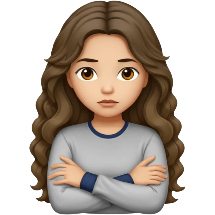 Hispanic light tan girl with long dark wavy hair with arms folded while pouting. Wearing a long sleeve. Hair with middle part. emoji