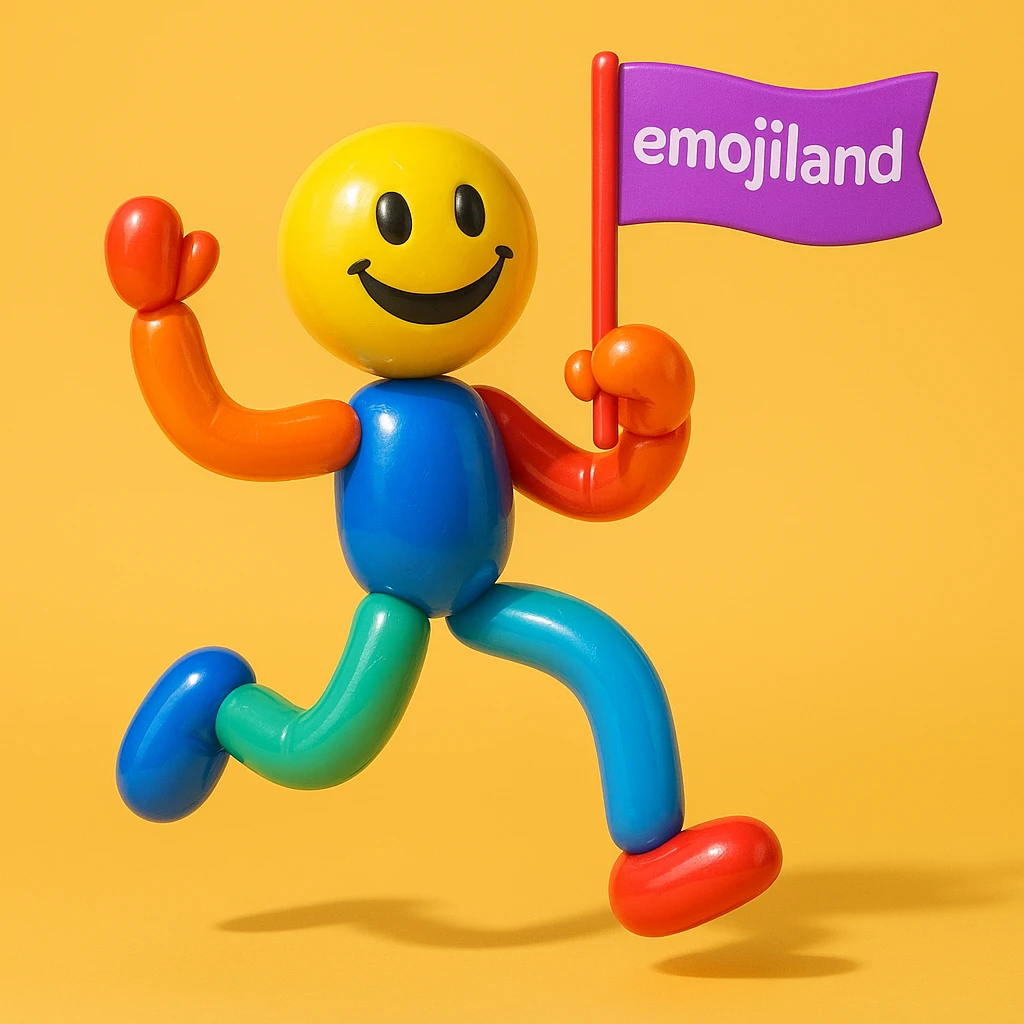happy runner waving a flag that says 'emojiland' emoji