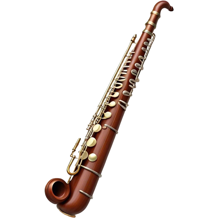 Create a detailed and elegant emoji representing a bassoon. The design should showcase the long, slender wooden body of the bassoon with its distinct curves and metal fittings. Highlight the keywork and metal rings around the joints, with subtle light reflections on the wood to give it a polished appearance. The top of the bassoon should have the characteristic metal bell, and the reed should be clearly visible at the mouthpiece. Use warm wood tones like deep brown and mahogany for the body, with silver or brass accents for the metal parts. Add soft musical notes or soundwaves around the instrument to evoke its rich, deep sound. The background should be transparent. emoji
