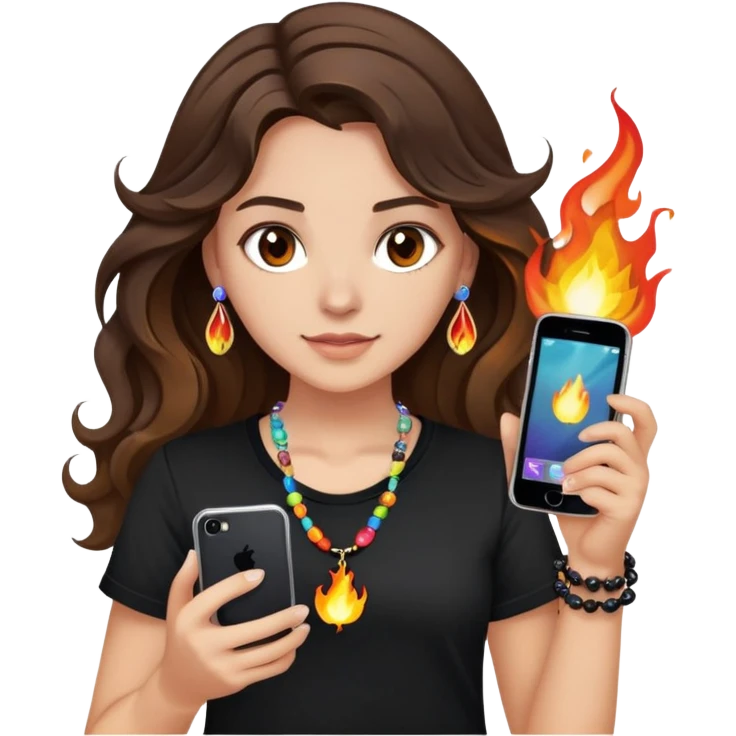 brunette girl with wavy medium length hair, brown eyes, light/medium skin tone, holding iPhone and light phone, wearing black tee shirt with flames on it and colorful beaded charm necklace emoji