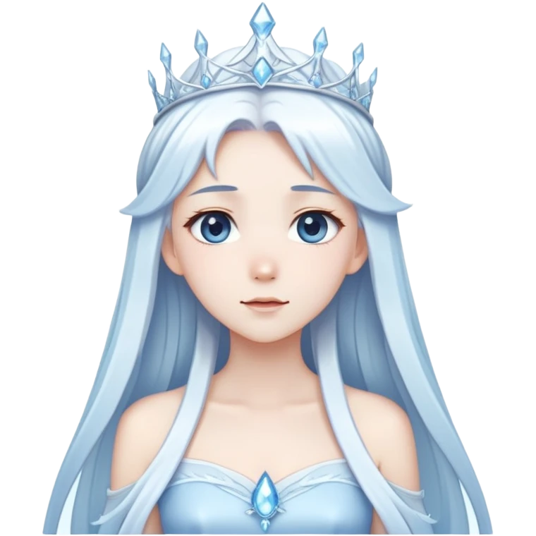 Beautiful anime ice queen with white long pretty hair with light-blue streaks, wearing an icy thin long dress and a silver tiara emoji