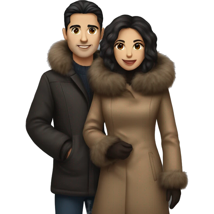 Dark haired couple in long fur coats emoji