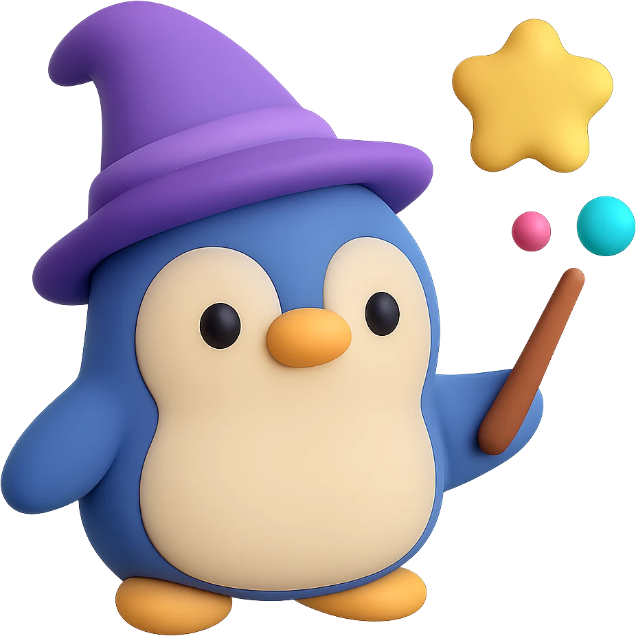 A cute penguin in wizard hat casting magical spells with a wand emoji