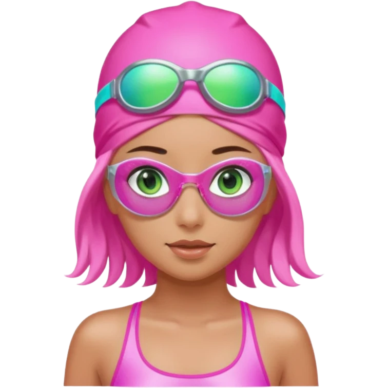 pretty girl with green eyes pink swim cap holographic swimming glasses and cute profesional swimmer pink swimsuit without her hair visible emoji