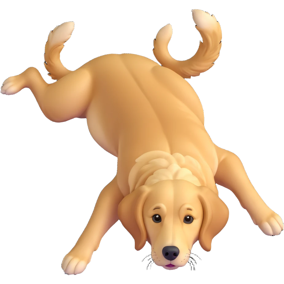 realistic golden retriever on its back, looking up, four legs up emoji