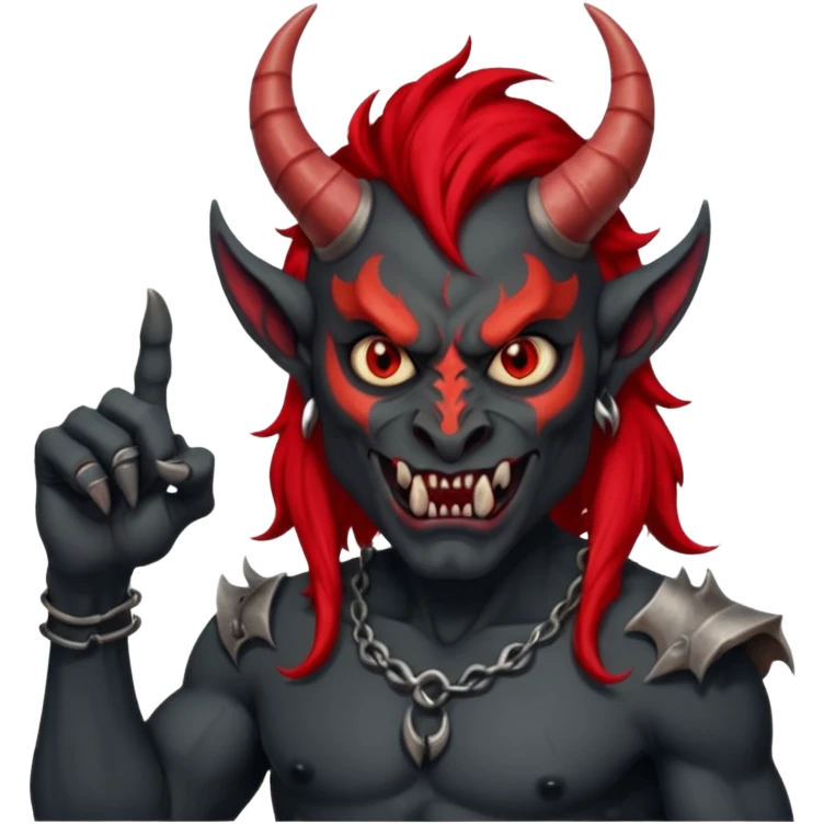 демон с чёрной как уголь кожей, красными клыками, двумя красными рогами торчащими у него изо лба, красной гривой и глазами показывает пальцем в нас emoji
