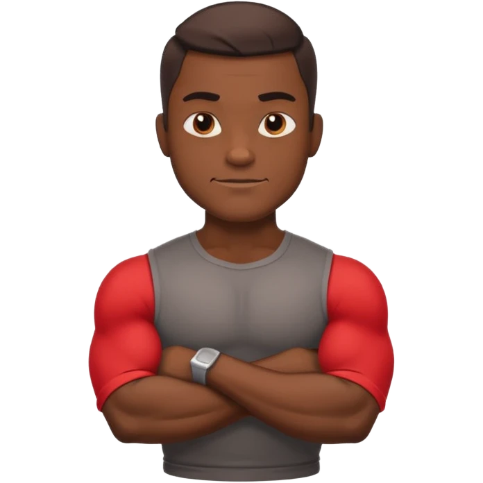 A confident, muscular cartoon male character with dark skin, crossed arms, smirking expression, bold, minimalistic lines, warm shadowing, stylized as an emoji icon. emoji